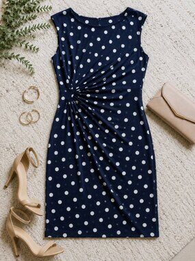 Connected Petite Side-Gathered Boat-Neck Sheath Dress – Navy Polka Dot – Size 10